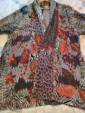 ANU Wool Open Cardigan Colorful Floral Print Artsy Embroidered Small Lagenlook